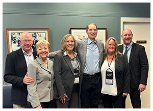 NCPA Immediate Past President Michele Belcher and members met with Sen. Ron Wyden (D-Ore.), chairman of Senate Finance Committee. Pictured (L-R): Robert Coulter of Red Cross Pharmacy, La Grande, Ore.; Paige Clark of Prescryptive Health; Belcher; Wyden; and Sheila Zientara and Ken Zientara of BHS Pharmacy in Eugene, Ore. 